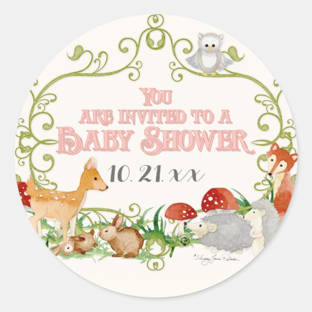Woodland Fairy Tale Baby Shower Invitations Cards Classic Round Sticker (Front)