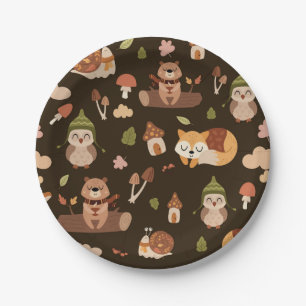 Woodland Fall Animals Dark Autumn Fox Deer Owl Rac Paper Plate