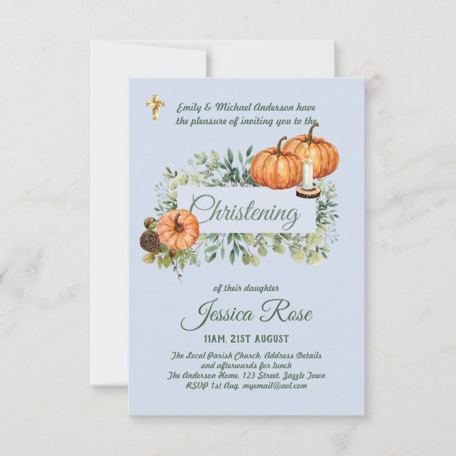 Woodland Fall Blue Christening Invites Baptism  (Front)
