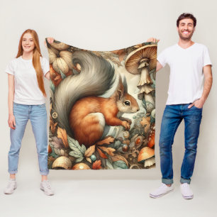 Woodland Fall Colour Mushrooms Squirrel Whimsical  Fleece Blanket