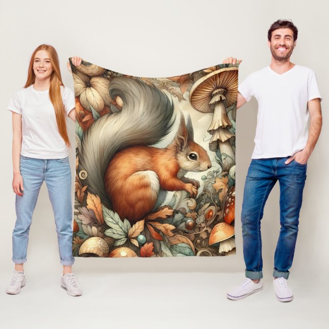 Woodland Fall Colour Mushrooms Squirrel Whimsical  Fleece Blanket (In Situ)