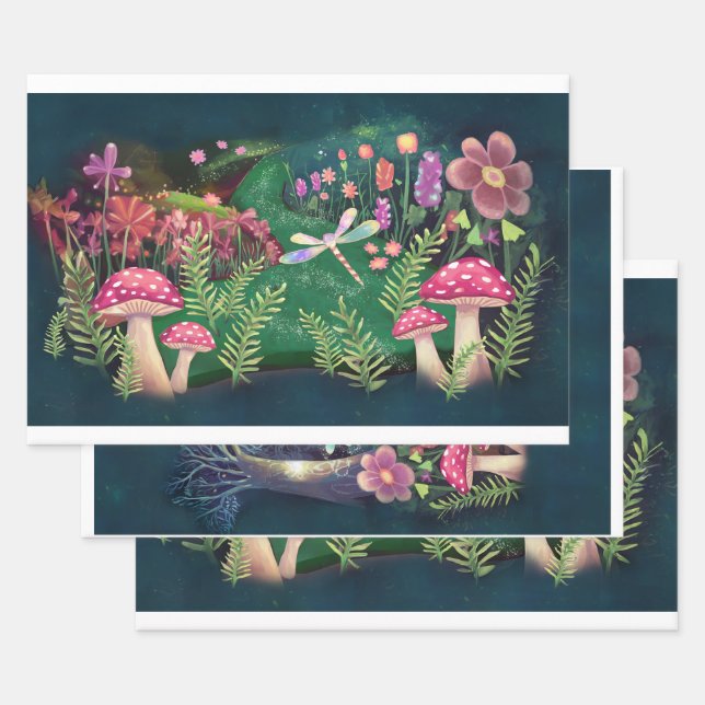 Woodland Fantasy, Nature's Whimsical Fairyland  Wrapping Paper Sheet (Set)