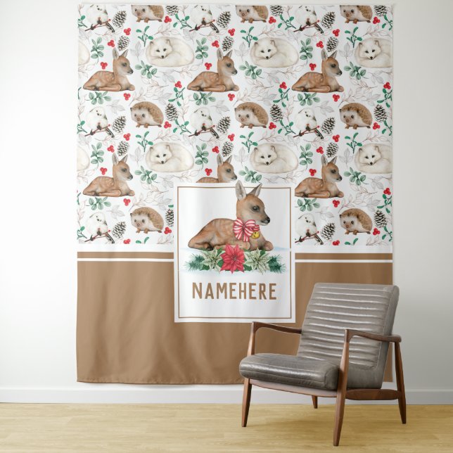 Woodland Fawn and Friends Winter Pattern Tapestry (In Situ)