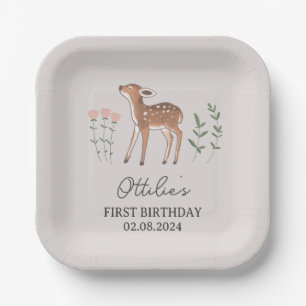 Woodland Fawn Flowers Birthday Paper Plate