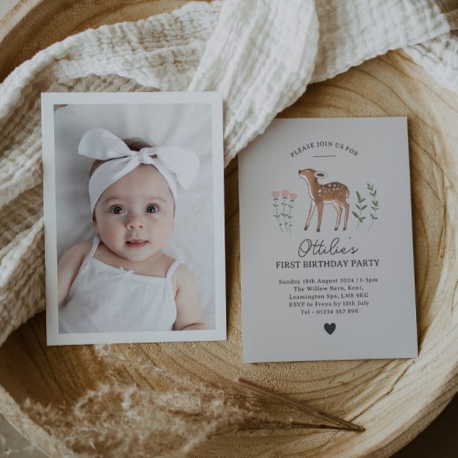 Woodland Fawn Flowers Photo Birthday Invitation (Creator Uploaded)
