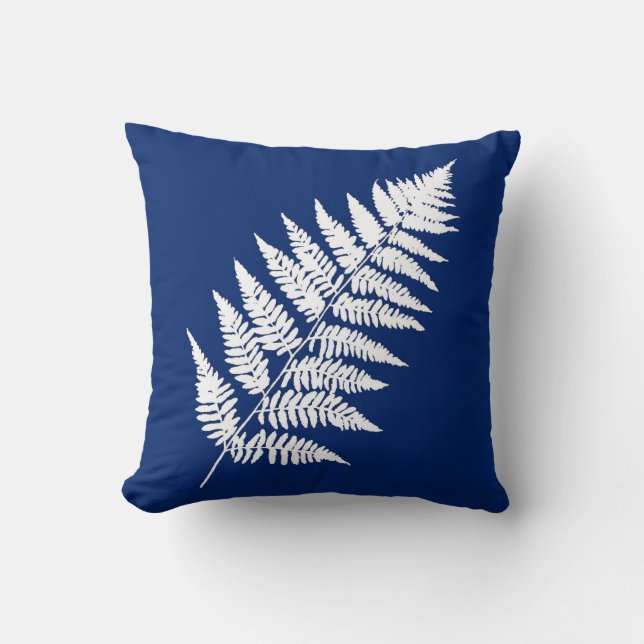 Woodland Fern 1, Cobalt Blue and White Throw Pillow (Front)