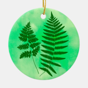 Woodland Fern Green on a Watercolor Background Ceramic Ornament