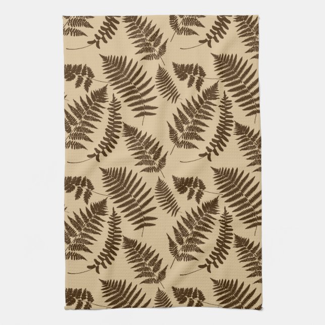 Woodland Fern Pattern, Beige and Dark Brown Kitchen Towel (Vertical)