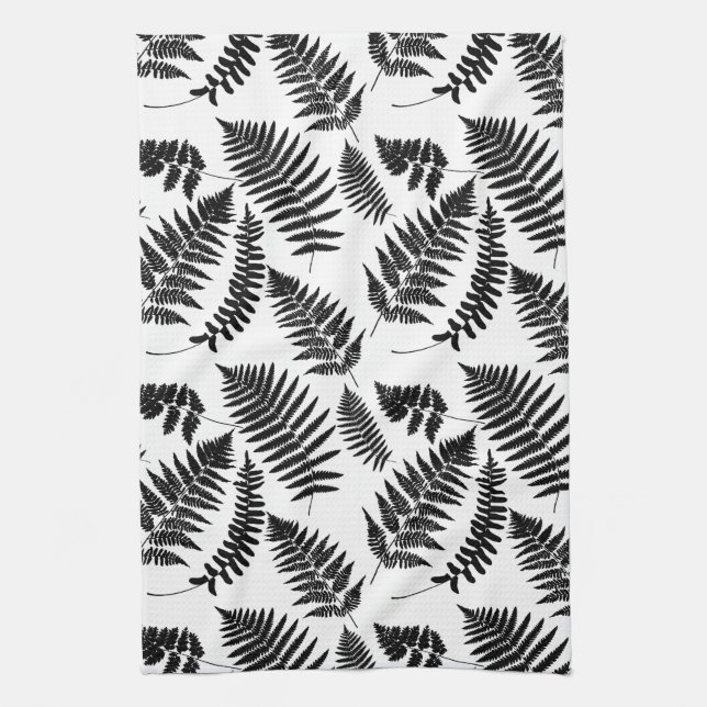 Woodland Fern Pattern, Black and White Kitchen Towel (Vertical)