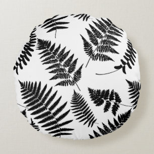 Woodland Fern Pattern, Black and White Round Pillow