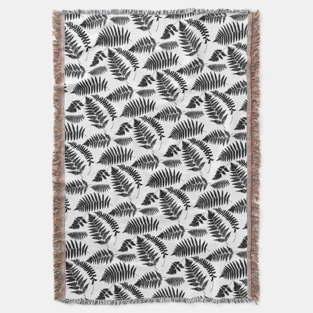 Woodland Fern Pattern, Black and White  Throw Blanket (Front Vertical)
