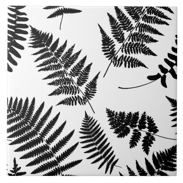 Woodland Fern Pattern, Black and White  Tile (Front)