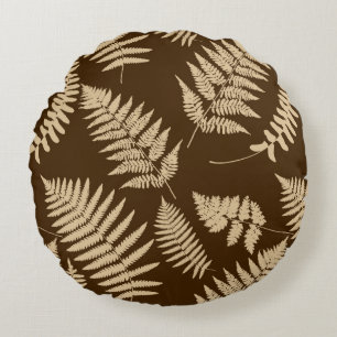 Woodland Fern Pattern, Brown and Beige Round Pillow