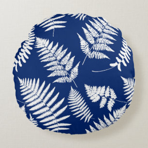 Woodland Fern Pattern, Cobalt Blue and White Round Pillow