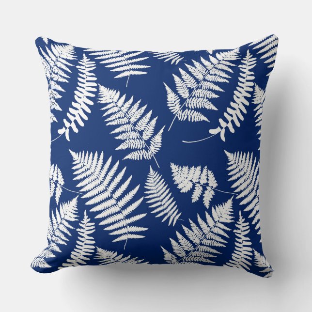 Woodland Fern Pattern, Cobalt Blue and White Throw Throw Pillow (Front)