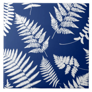 Woodland Fern Pattern, Cobalt Blue and White   Tile