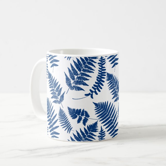 Woodland Fern Pattern, Cobalt Blue on White Coffee Mug (Front Left)