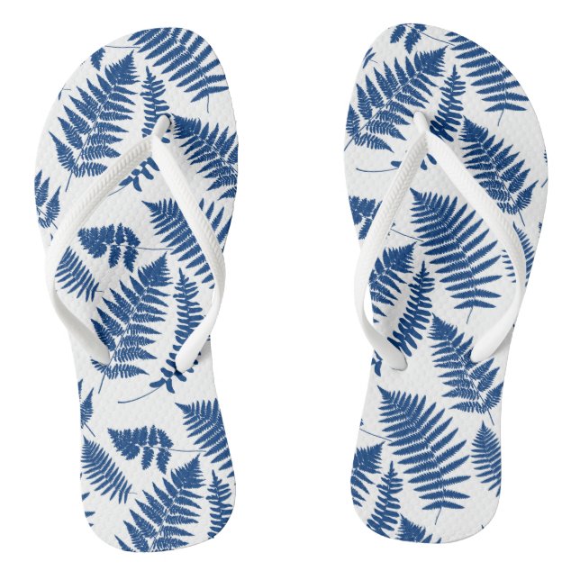 Woodland Fern Pattern, Cobalt Blue on White  Flip Flops (Footbed)