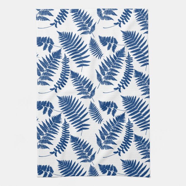 Woodland Fern Pattern, Cobalt Blue on White  Kitchen Towel (Vertical)