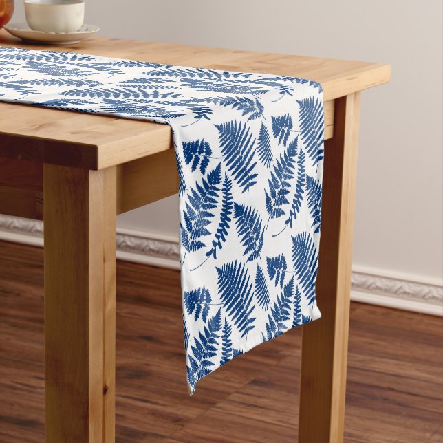 Woodland Fern Pattern, Cobalt Blue on White  Short Table Runner (In Situ)