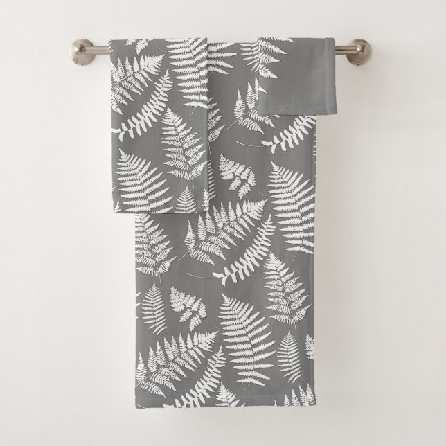 Woodland Fern Pattern, Grey / Grey and White Bath Towel Set (Insitu)