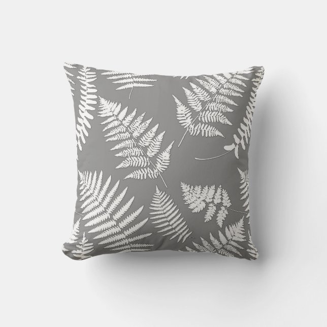 Woodland Fern Pattern, Grey / Grey and White Outdoor Pillow (Front)