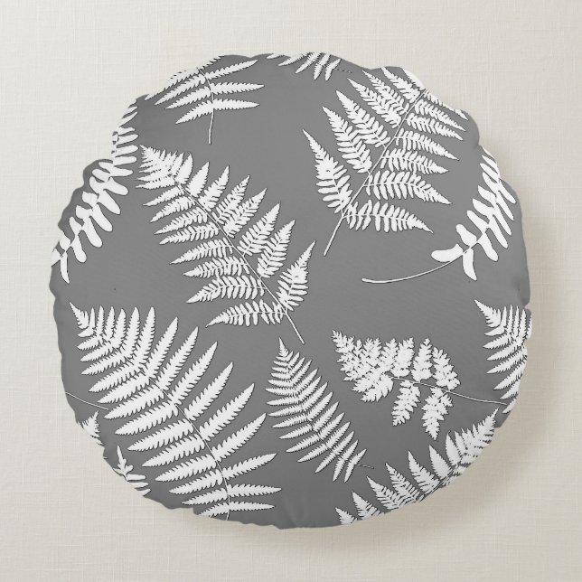 Woodland Fern Pattern, Grey / Grey and White Round Pillow (Front)