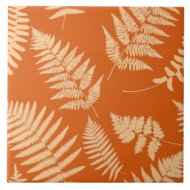 Woodland Fern Pattern, Mandarin and Pastel Orange  Tile (Front)