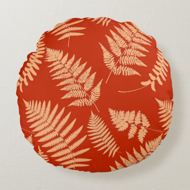 Woodland Fern Pattern, Mandarin Orange Round Pillow (Front)