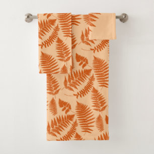 Woodland Fern Pattern, Pastel and Deep Orange Bath Towel Set