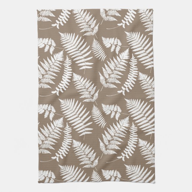 Woodland Fern Pattern, Taupe Tan and White Kitchen Towel (Vertical)