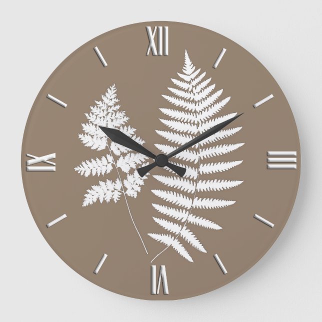 Woodland Fern Pattern, Taupe Tan and White Large Clock (Front)