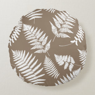 Woodland Fern Pattern, Taupe Tan and White Round Pillow
