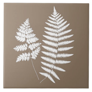 Woodland Fern Pattern, Taupe Tan and White Tile
