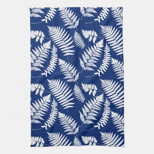  Woodland Fern Pattern, White on Cobalt Blue  Kitchen Towel (Vertical)