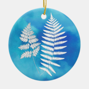Woodland Fern White on Blue Watercolor Background Ceramic Ornament