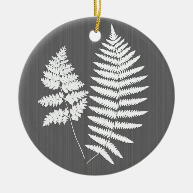 Woodland Fern White on Charcoal Grey / Grey  Ceramic Ornament (Front)