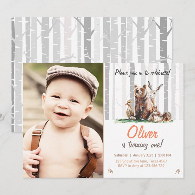 Woodland First Birthday Invitation Forest animals (Front/Back)