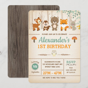 Woodland First Birthday Invitation Forest Animals