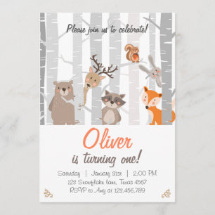 Woodland First Birthday Invitation Forest Animals