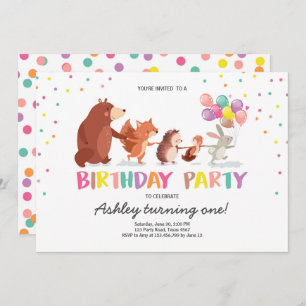 Woodland First Birthday Invitation Forest Animals