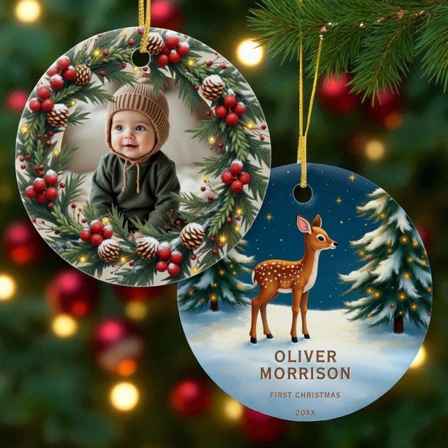 Woodland First Christmas Baby Deer Personalized  Ceramic Ornament (Creator Uploaded)