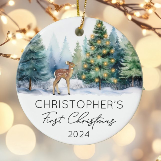 Woodland First Christmas Baby Photo Ceramic Ornament (Creator Uploaded)