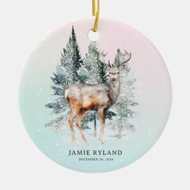 Woodland First Christmas Photo And Birth Date Ceramic Ornament (Front)