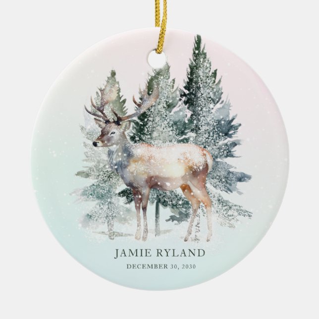 Woodland first Christmas With Baby Photo Ceramic Ornament (Front)