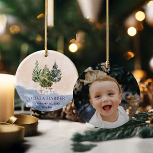 Woodland First Christmas with Birth Photo Ceramic Ornament