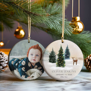 Woodland First Christmas with Birth Stats Photo  Ceramic Ornament