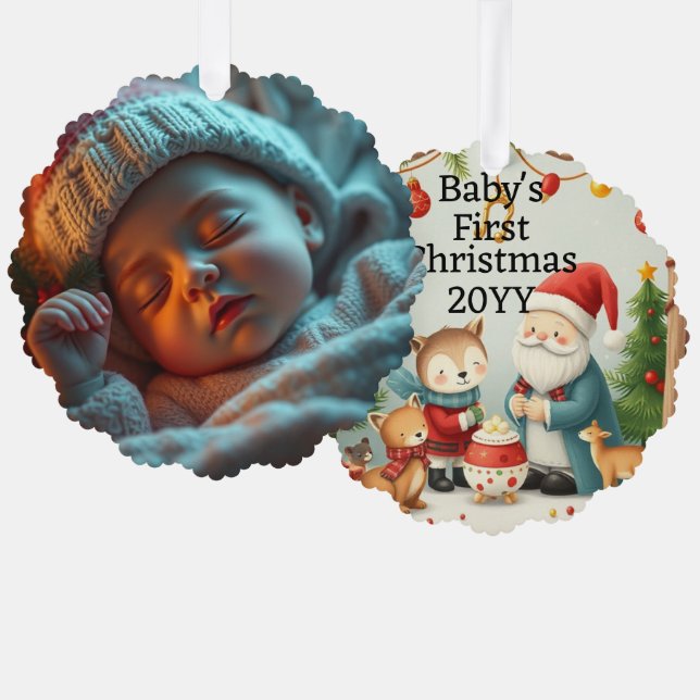 Woodland First Christmas with Birth Stats Photo Ornament Card (Front/Back)