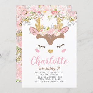 Woodland, Floral Deer Birthday Invitation