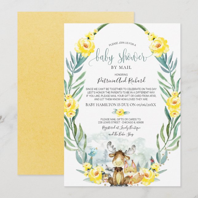 Woodland Floral Greenery Baby Shower By Mail Invit Invitation (Front/Back)
